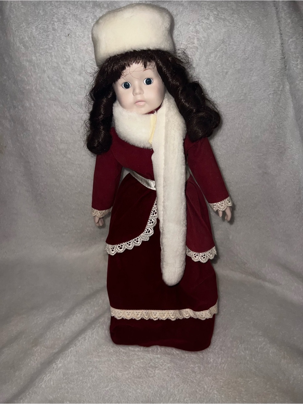 Red Velvet Holiday Collectible Doll with White Faux Fur Hat & Scarf